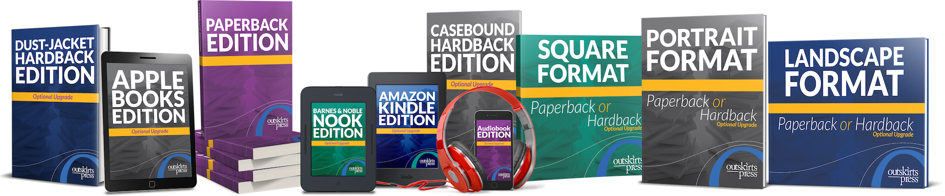 Outskirts Press can help you self-publish your book in paperback, casebound hardback, dust-jacket hardback, landscape format, square format, Barnes & Noble NOOK, Amazon Kindle, Apple Books, and/or audiobook format.