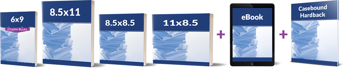 Popular children's book publishing formats including 6 x 9 chapter books, 8.5 x 11, 8.5 x 8.5 square, 11 x 8.5 landscape, eBook, and casebound hardback