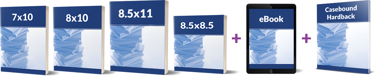 Popular cookbook publishing formats including 7 x 10, 8 x 10, 8.5 x 11, 8.5 x 8.5 square, 11 x 8.5 landscape, eBook, and casebound hardback