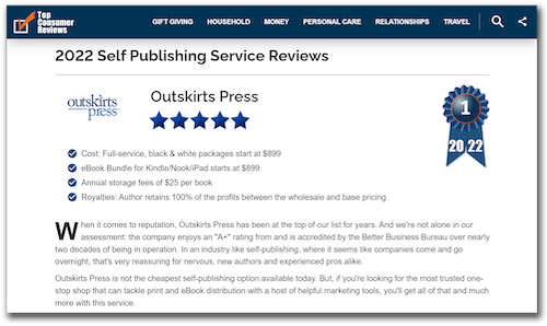 Top Consumer Reviews rates Outskirts Press #1 in self-publishing 6 years in a row.