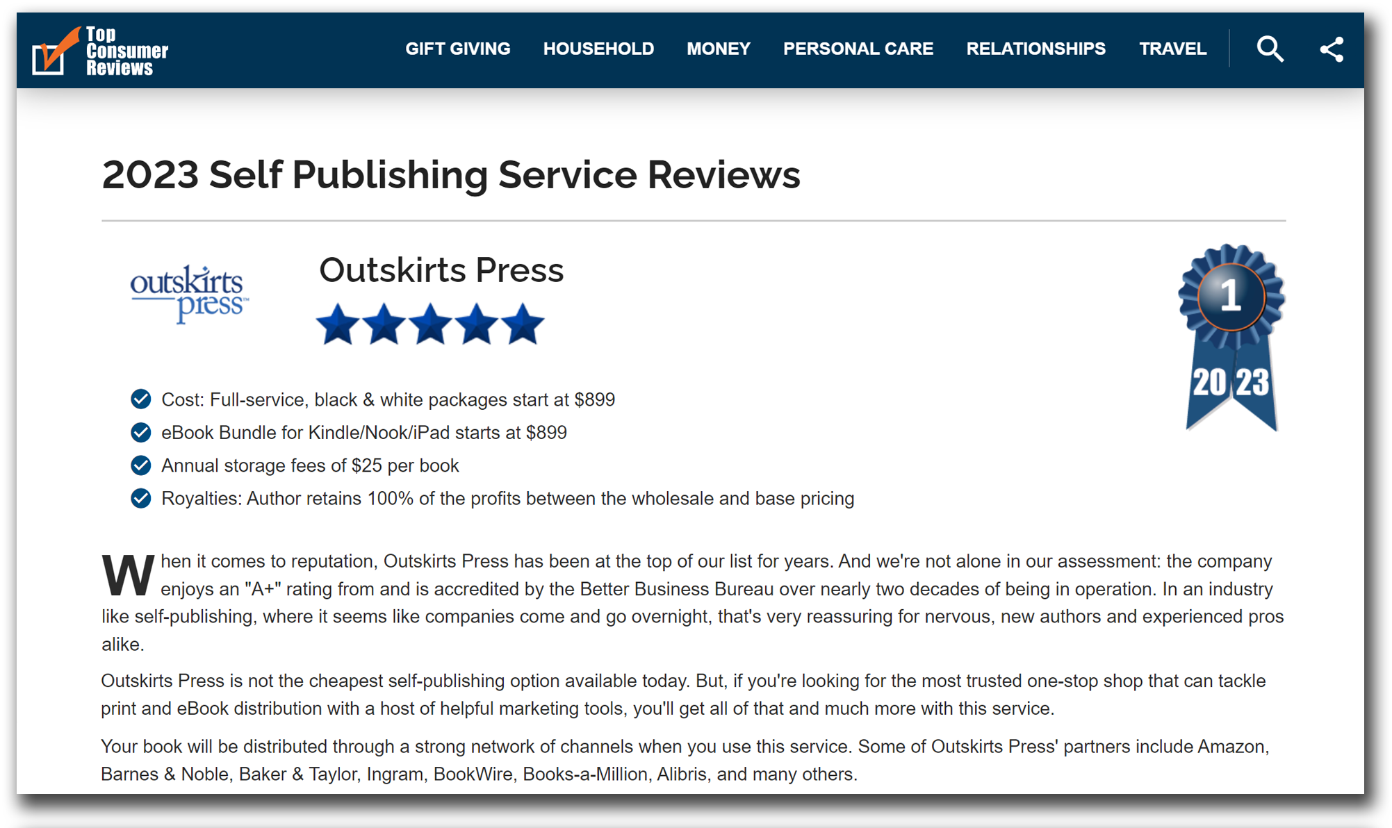 Top Consumer Reviews rates Outskirts Press #1 in self-publishing 7 years in a row.