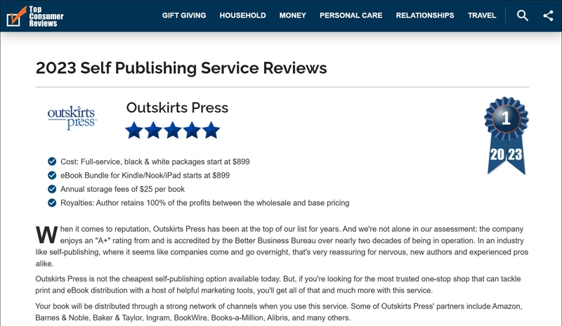 Top Consumer Reviews rates Outskirts Press #1 in self-publishing 7 years in a row.