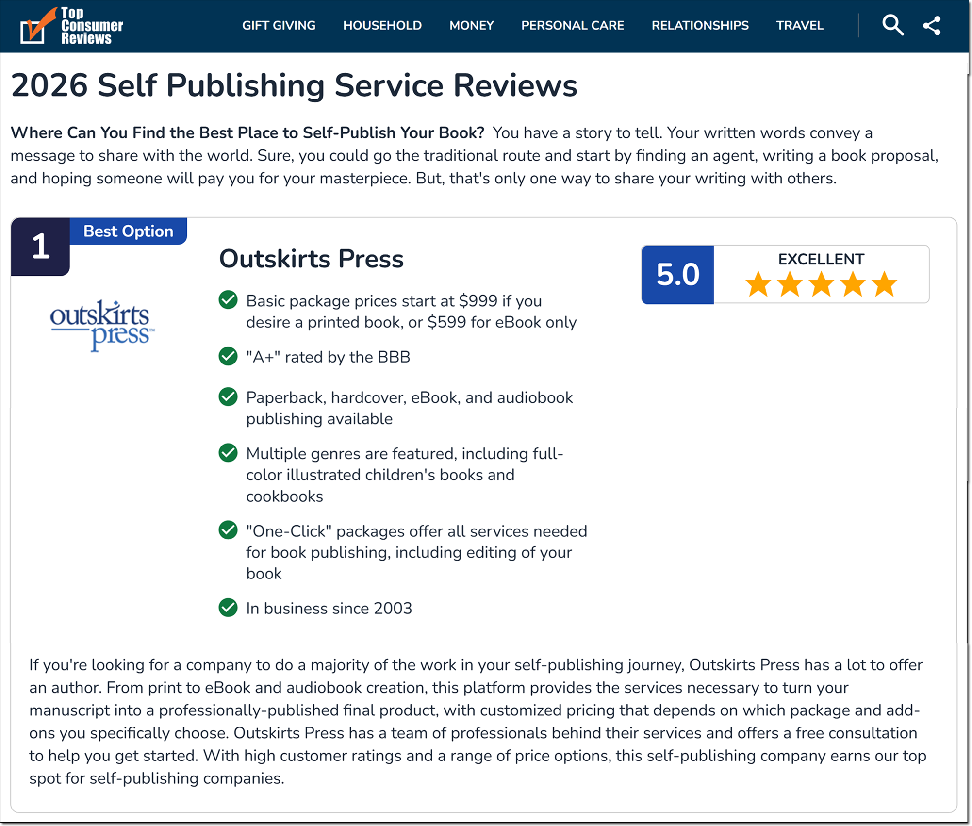 Top Consumer Reviews rates Outskirts Press #1 in self-publishing 10 years in a row.